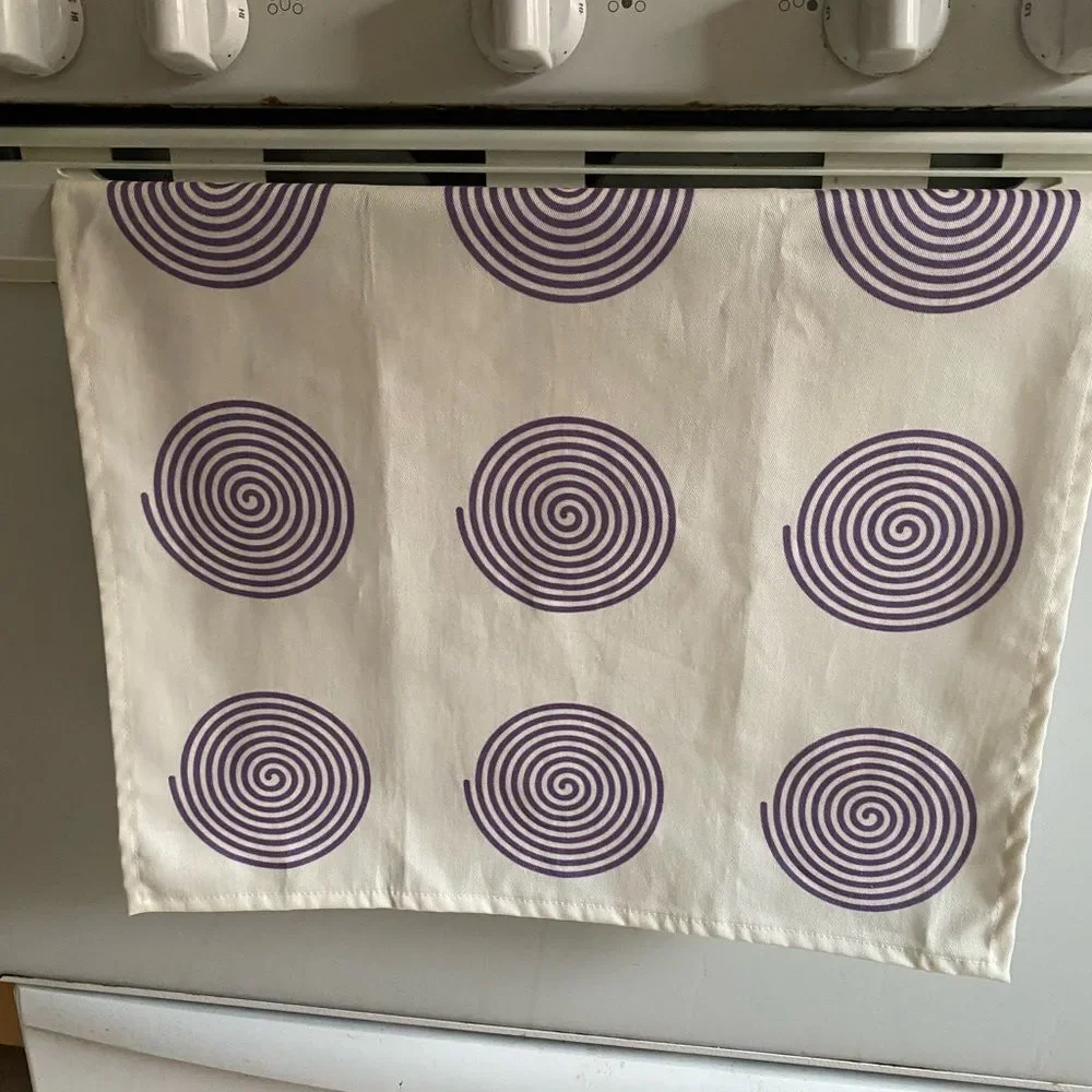 White Tea Towel with Purple Spiral Design | Artist‑Made | NWT